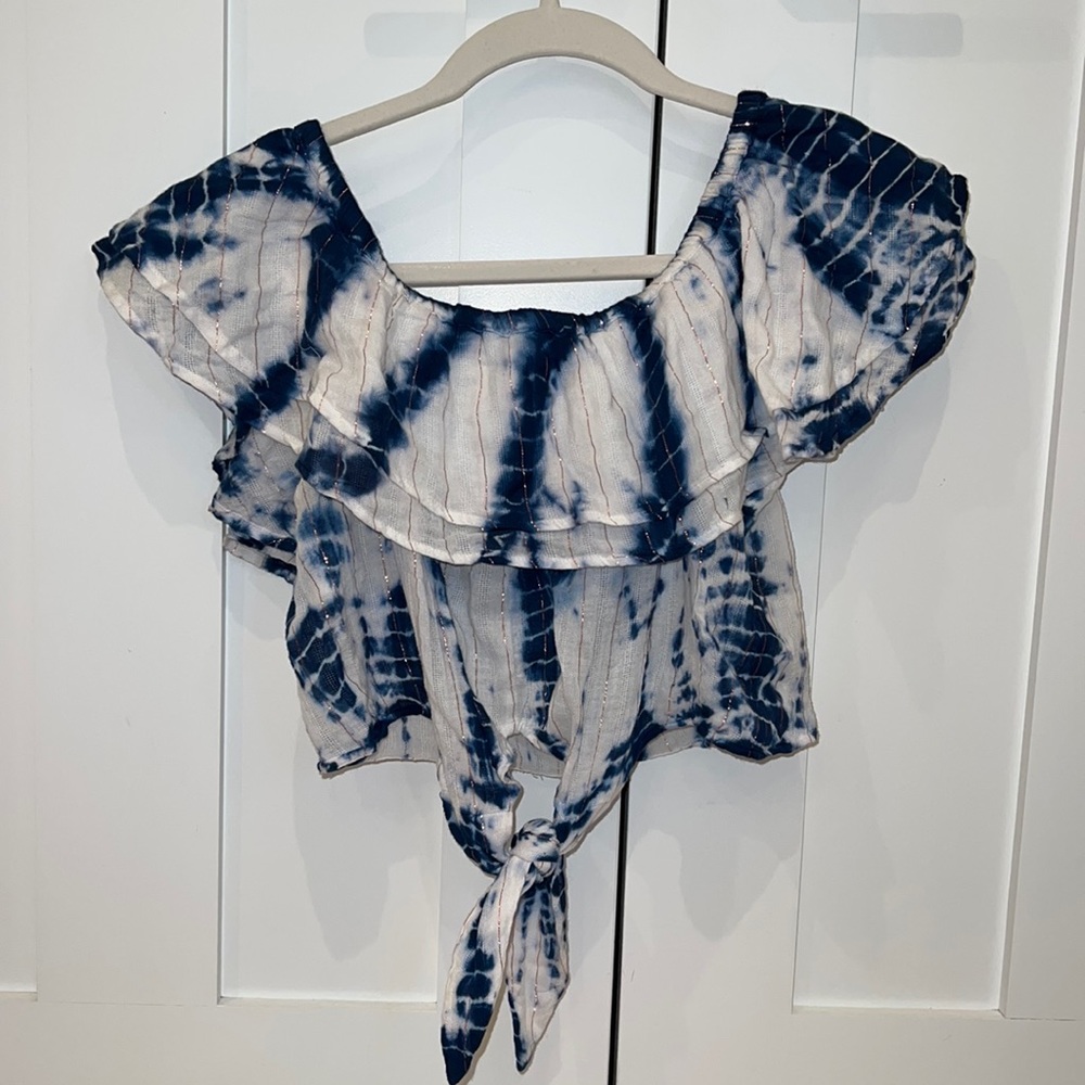 Blue & White Tie Dye Off The Shoulder Crop Top. Tie at Bottom. Rose Gold Accents